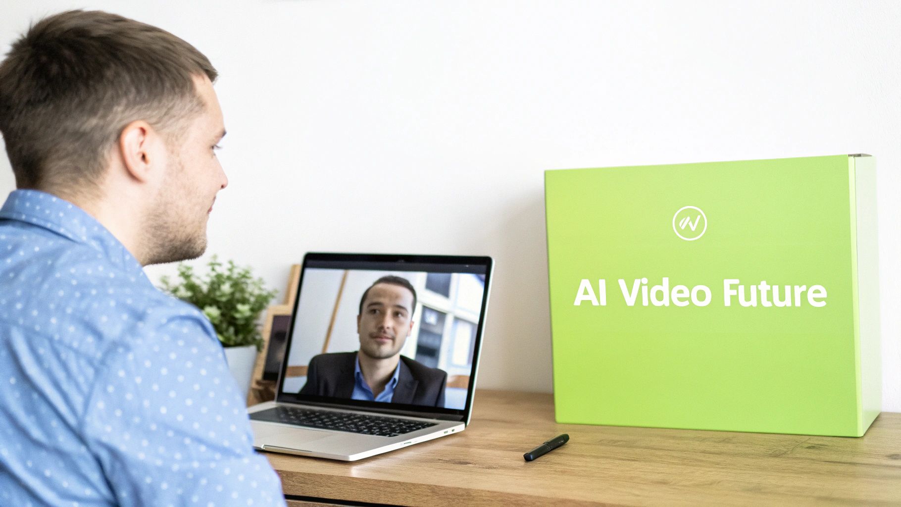 A man watches an AI-generated video on a laptop, with an 'AI Video Future' box nearby.