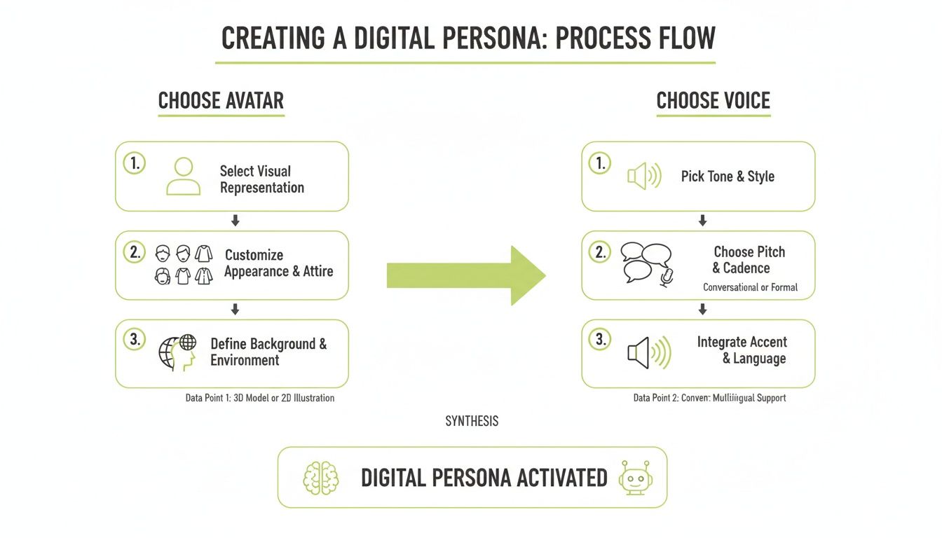 A process flow diagram detailing steps to create a digital persona, including avatar and voice choices.
