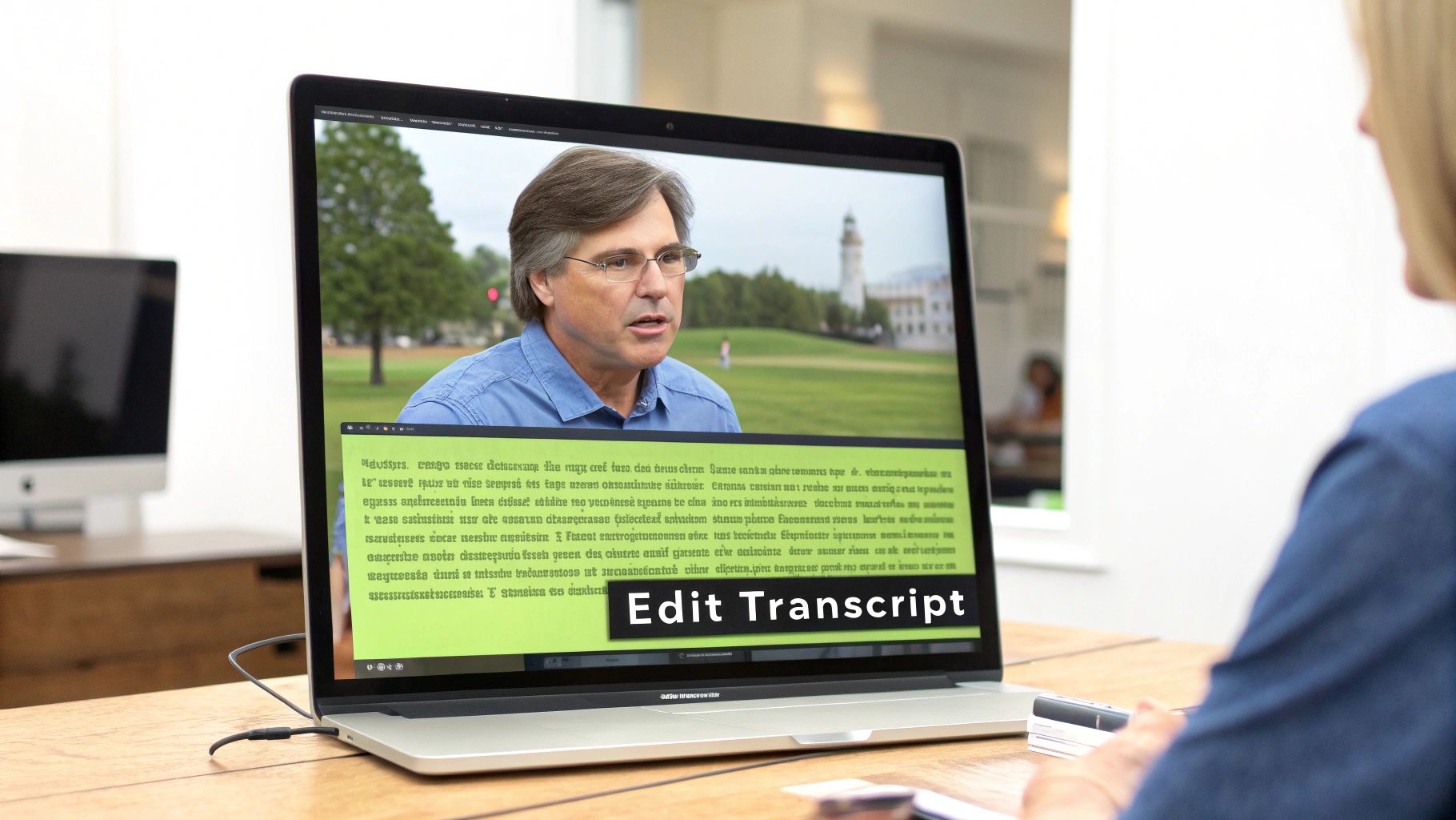 A laptop shows a man in a video call with a text transcript below, offering an 'Edit Transcript' option.