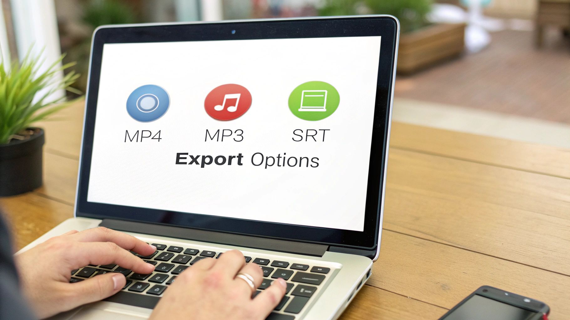 Hands typing on a laptop with a screen showing file export options: MP4, MP3, and SRT.
