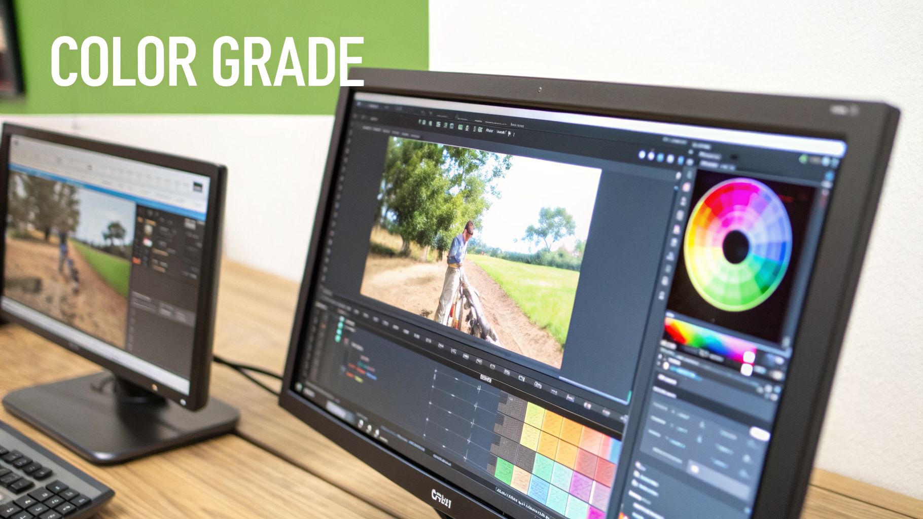 Two computer monitors on a desk displaying video editing software with color grading tools and a timeline.