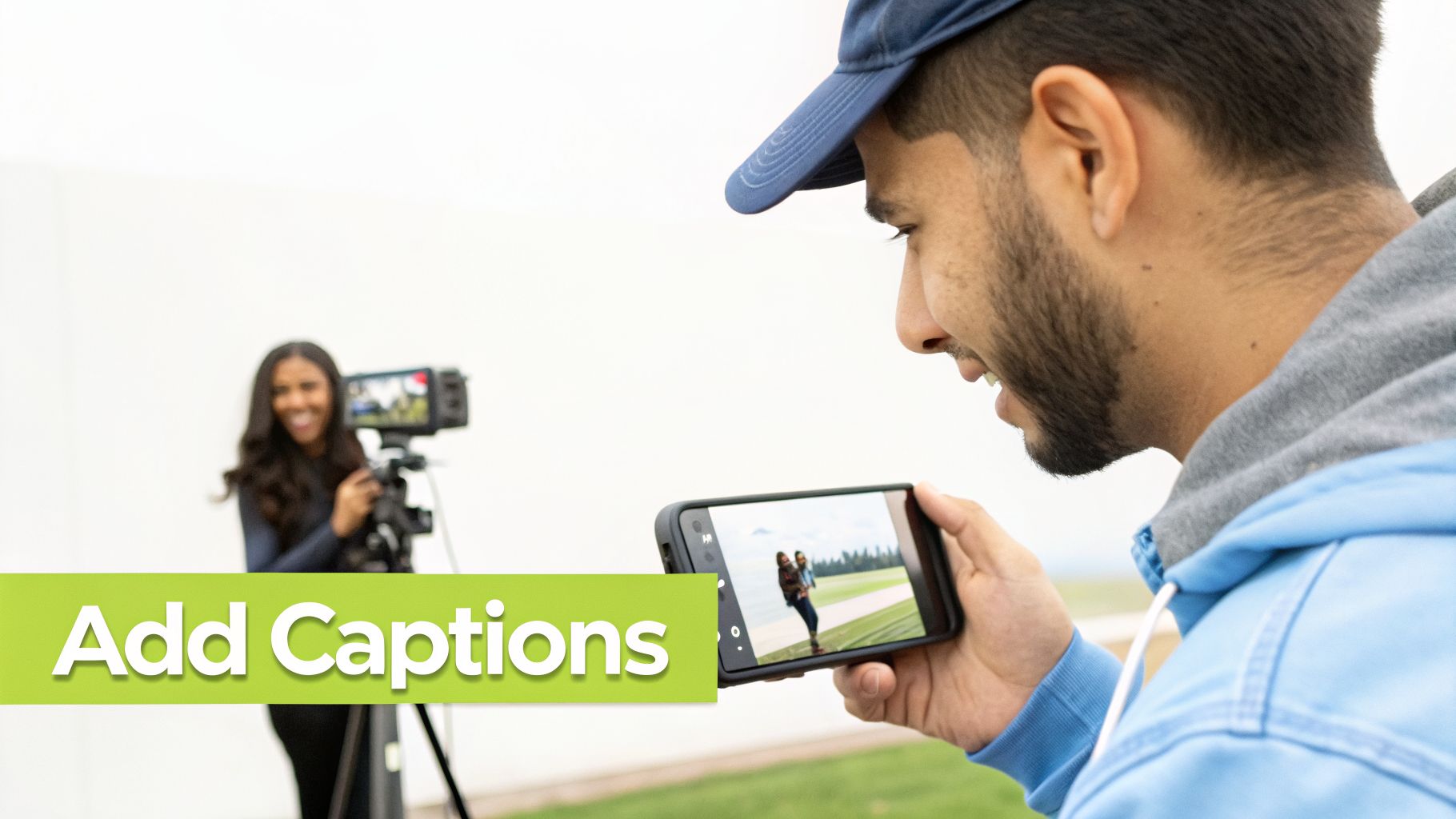 A man reviews a video with "Add Captions" on his phone, as a woman records.