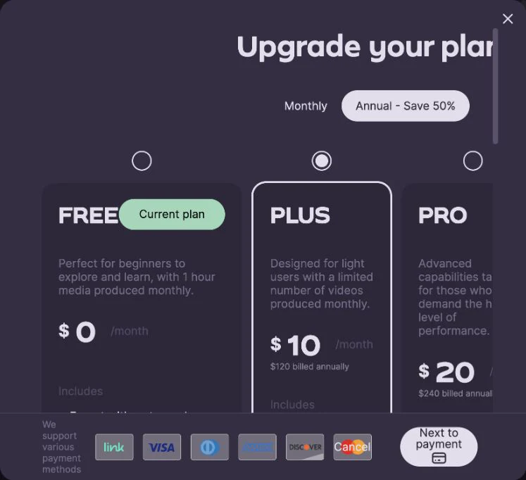 Gling plan window with the Free plan marked Current plan