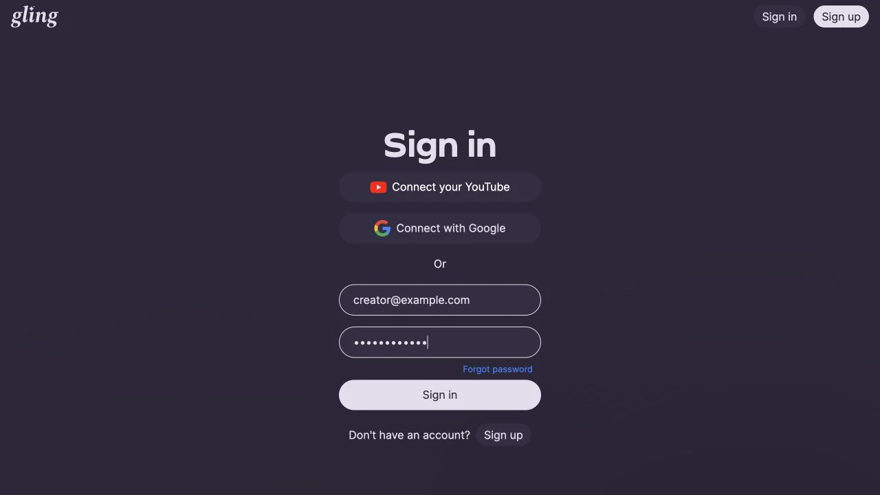 Gling sign-in screen with YouTube, Google, and email options