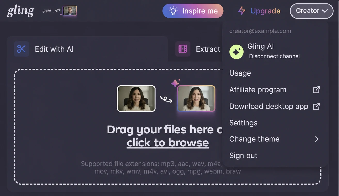 Gling account menu showing the signed-in email and the Upgrade button