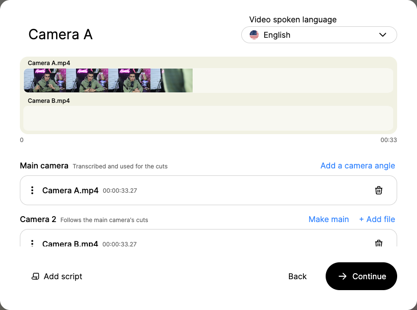 Example camera import with Video spoken language set to English, camera assignments, Add script and Continue.