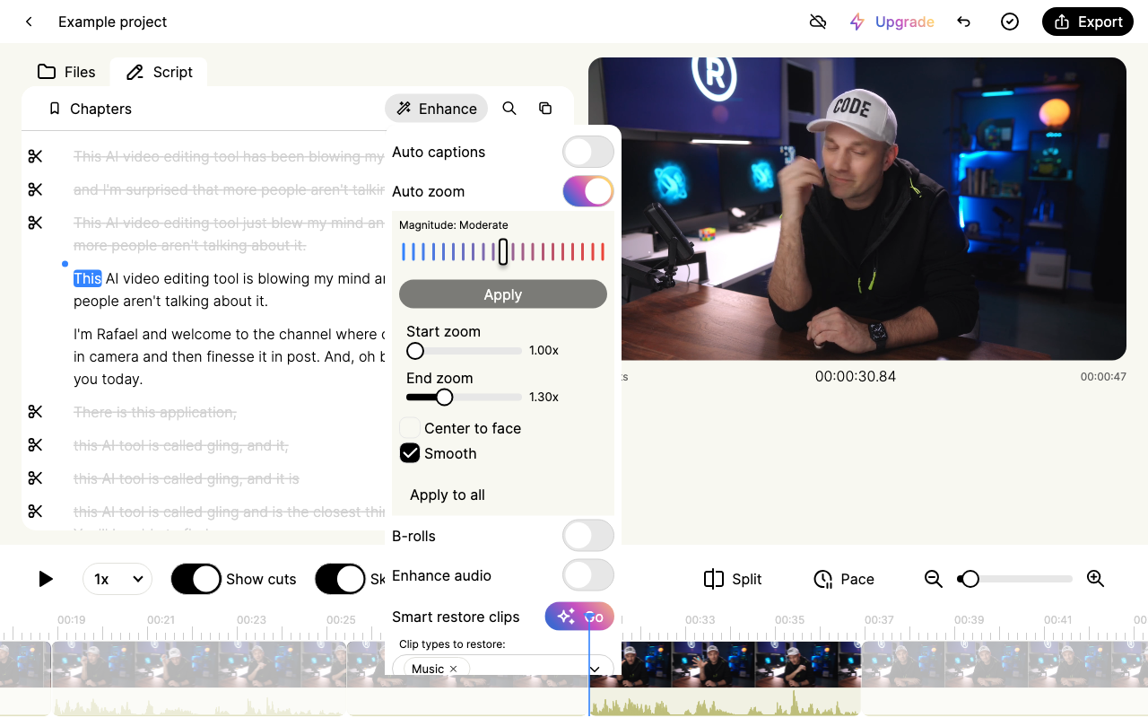Gling's live web demo showing Auto zoom, Magnitude, Start zoom, End zoom, Center to face, Smooth and Apply to all controls.