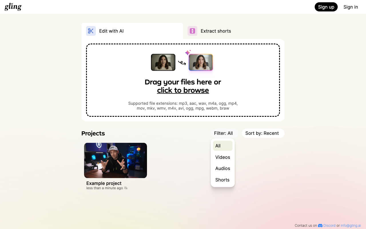 Gling Projects filter showing All, Videos, Audios and Shorts choices.