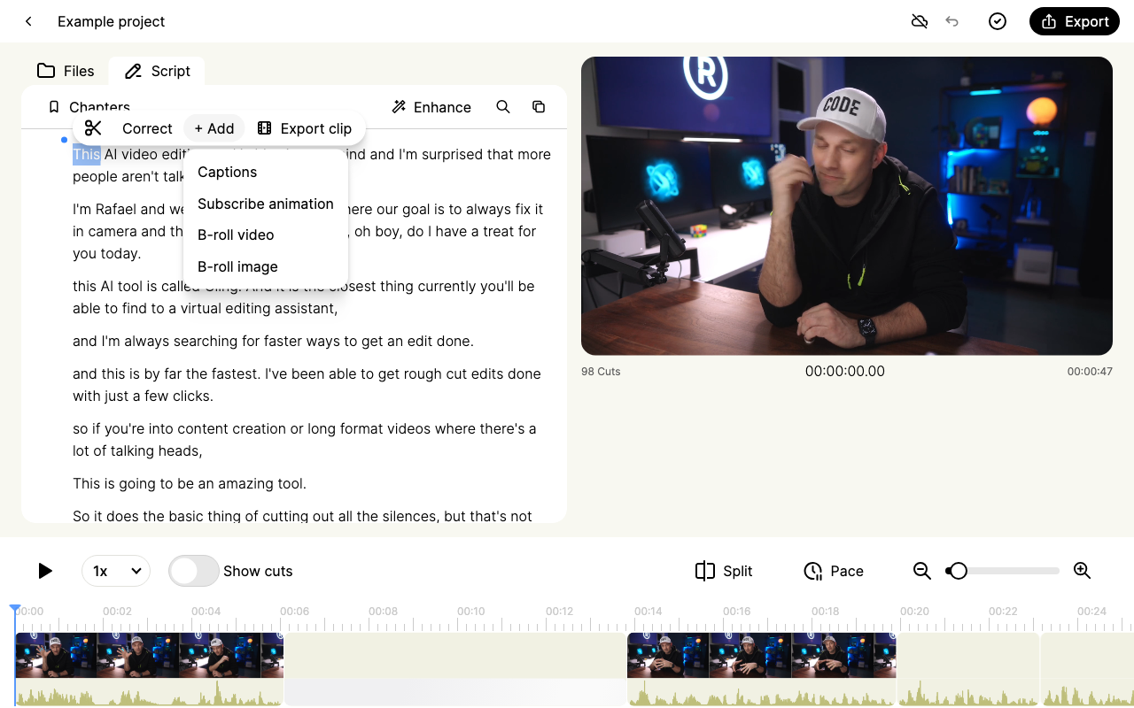 Selected transcript text with the Add menu open, showing Captions, Subscribe animation, B-roll video and B-roll image.