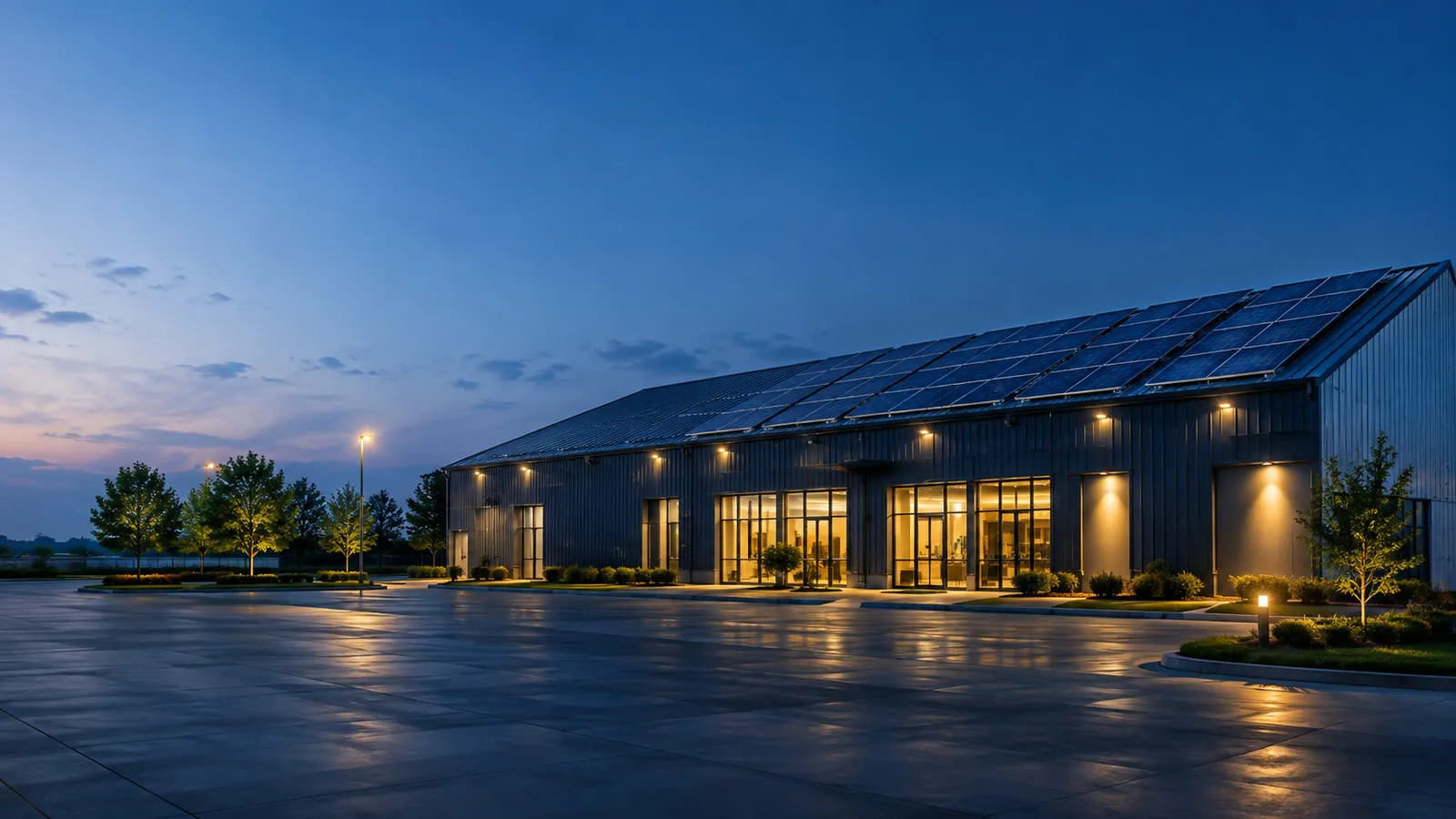 Commercial building at dusk with a solar roof, powered by Luminey storage