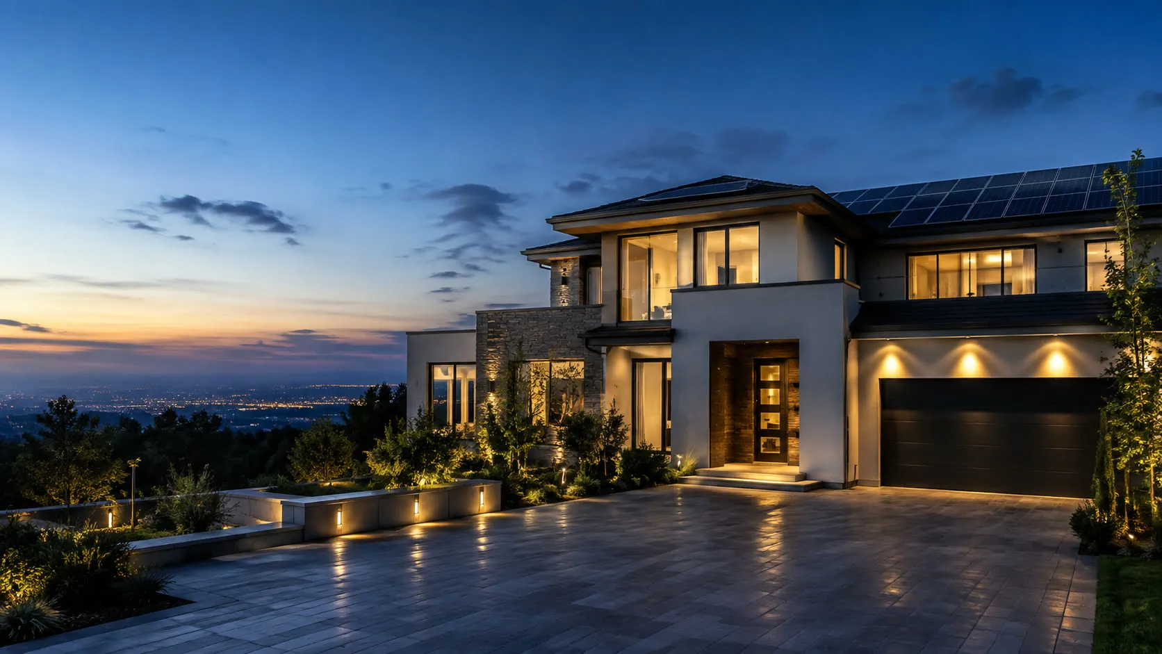 Home at dusk powered by a Luminey Elecra hybrid inverter