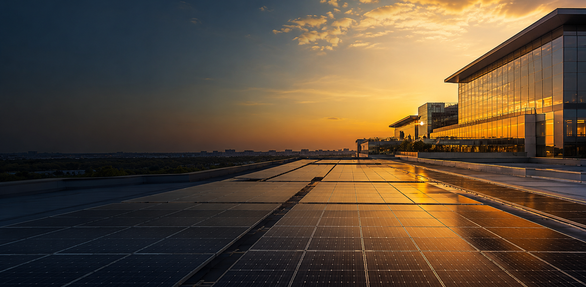 Commercial rooftop solar array at sunset powered by a Luminey G3 inverter