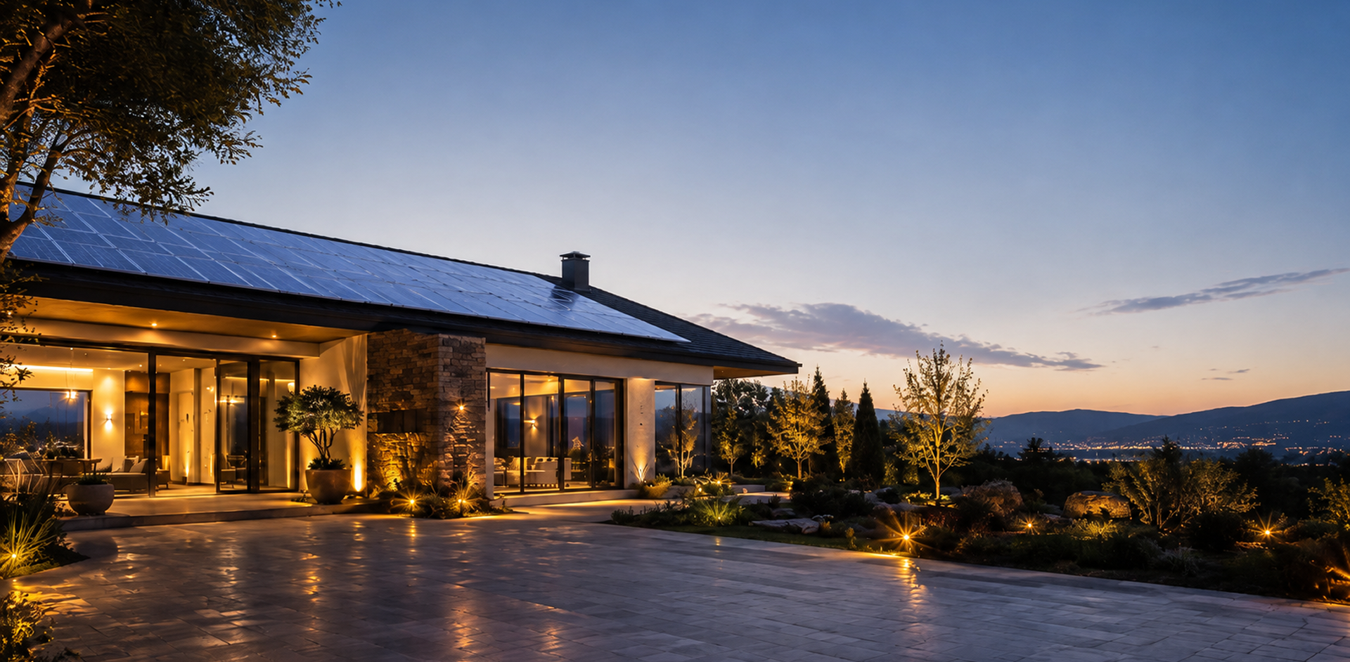 Hillside home at dusk powered through the evening by Luminey SunESS H storage