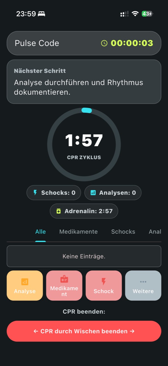 Pulse Code App – CPR-Zyklus und Reanimationsdokumentation