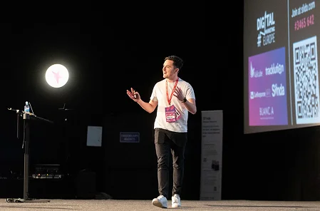 One of the speakers of the conference on a stage Digital Marketing Europe 2026 — SEO event