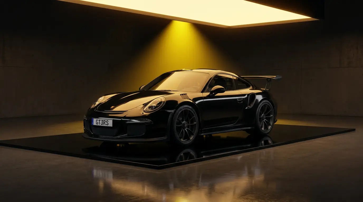 Porsche 911 GT3 RS in dark studio with golden lighting β car loans and supercar finance Gold Coast broker