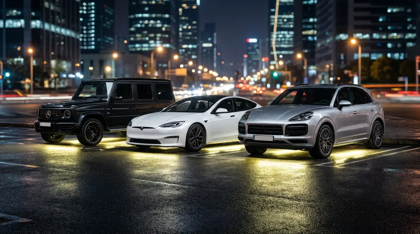 Premium business vehicle fleet at night including Mercedes and Porsche β vehicle fleet finance Australia, Lend It Finance Group