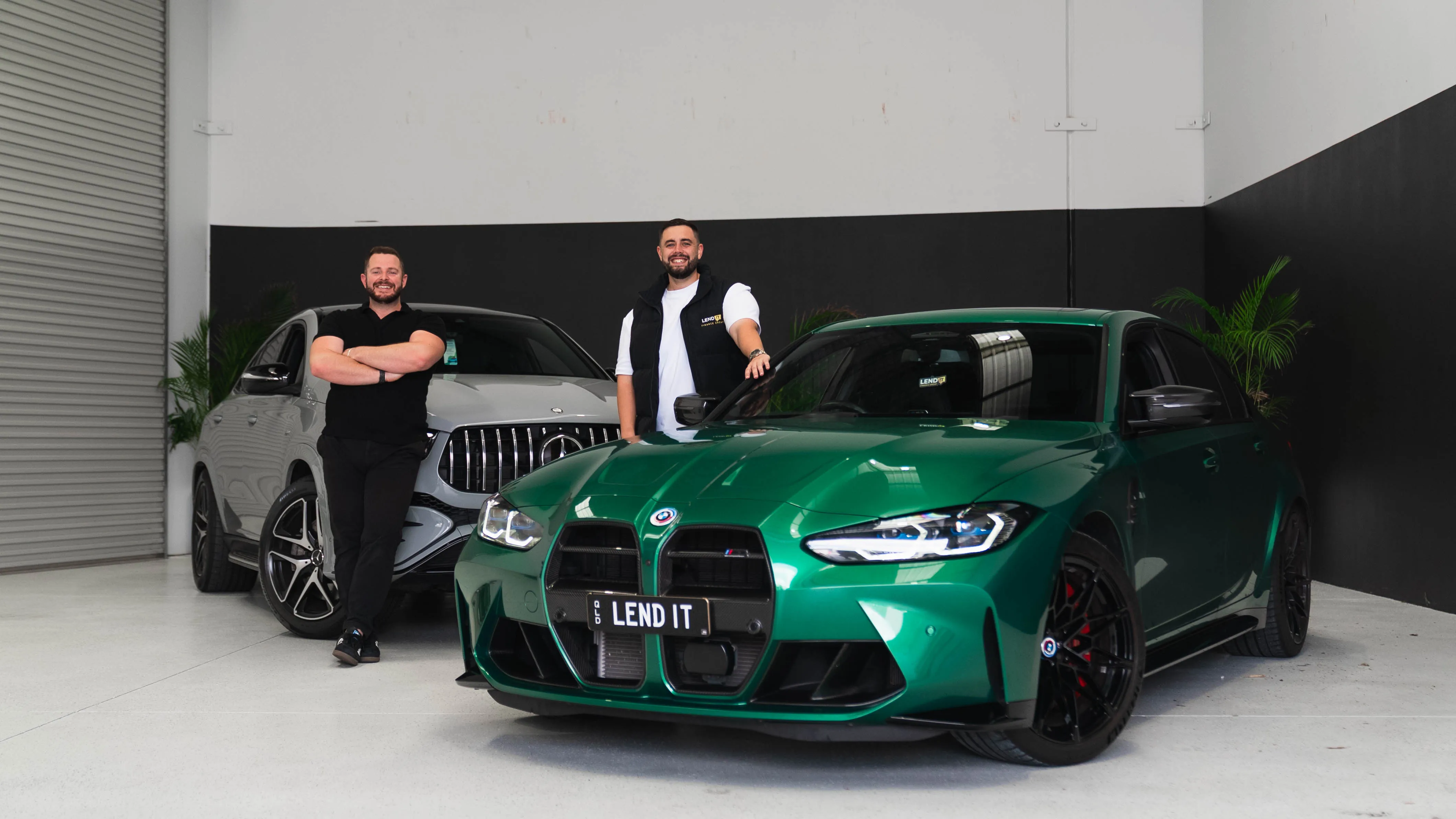 Lend It Finance Group brokers with a green BMW M3 wearing a LEND IT number plate