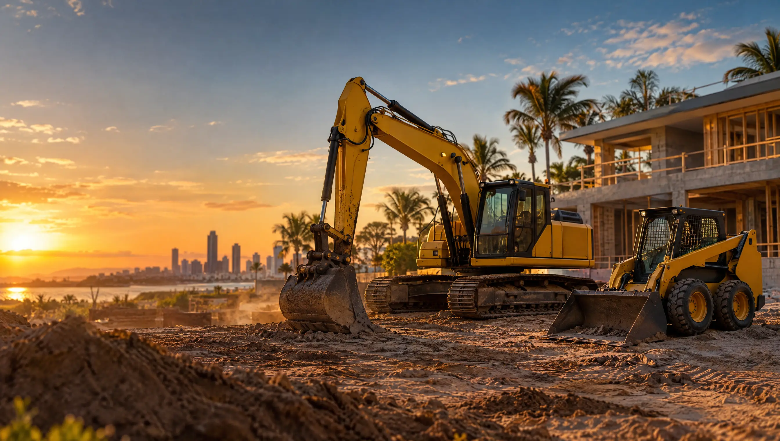 Yellow excavator and skid steer loader on a Gold Coast building site at sunset