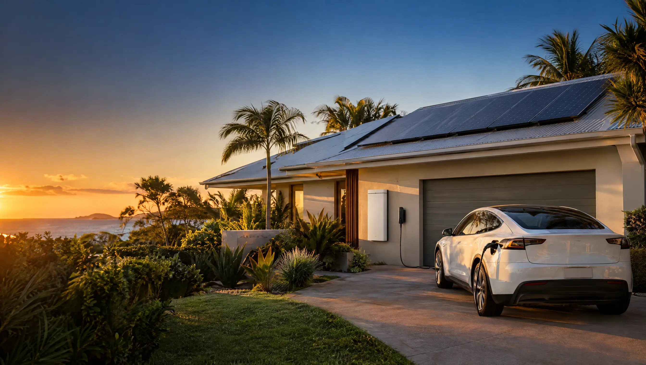 Coastal home with rooftop solar, a home battery and an electric car charging in the driveway