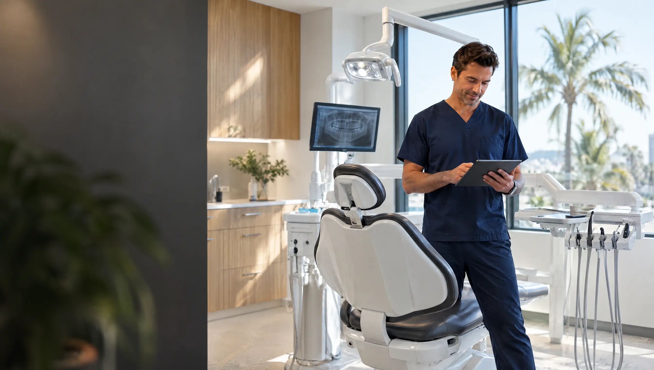 Dentist in a newly fitted out Gold Coast clinic with modern dental equipment
