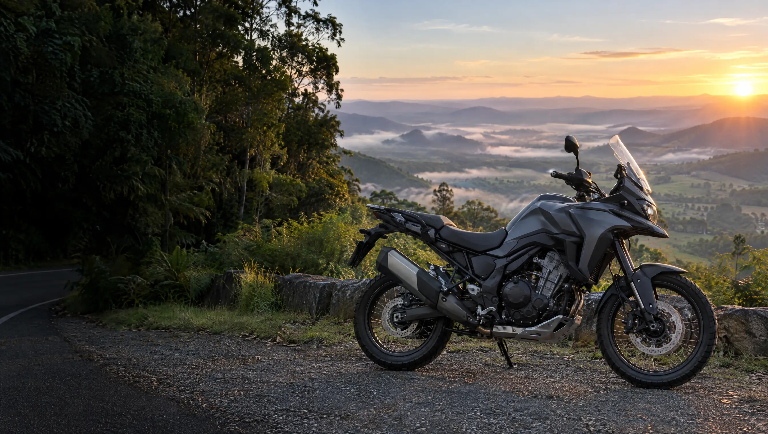 Adventure touring motorcycle parked at a hinterland lookout above misty green valleys at sunrise