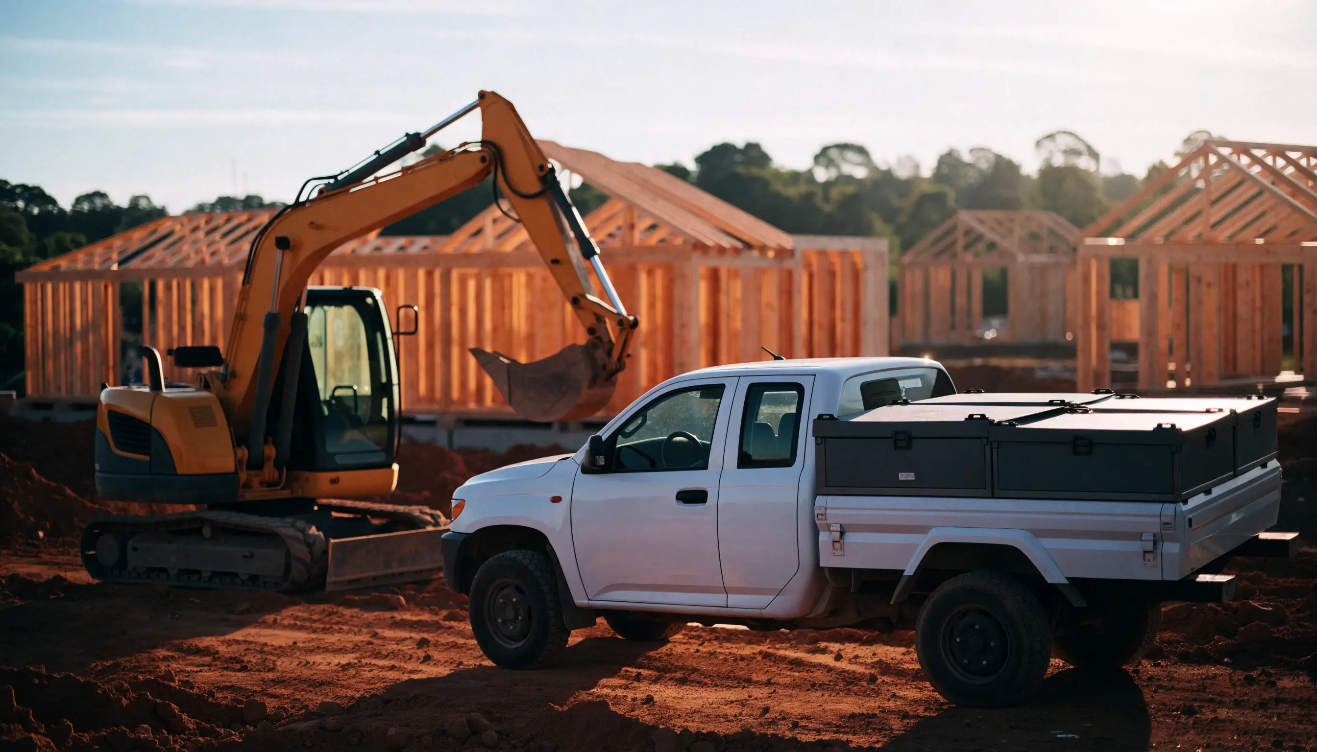 White tradie ute parked beside a compact excavator on a Gold Coast building site at golden hour