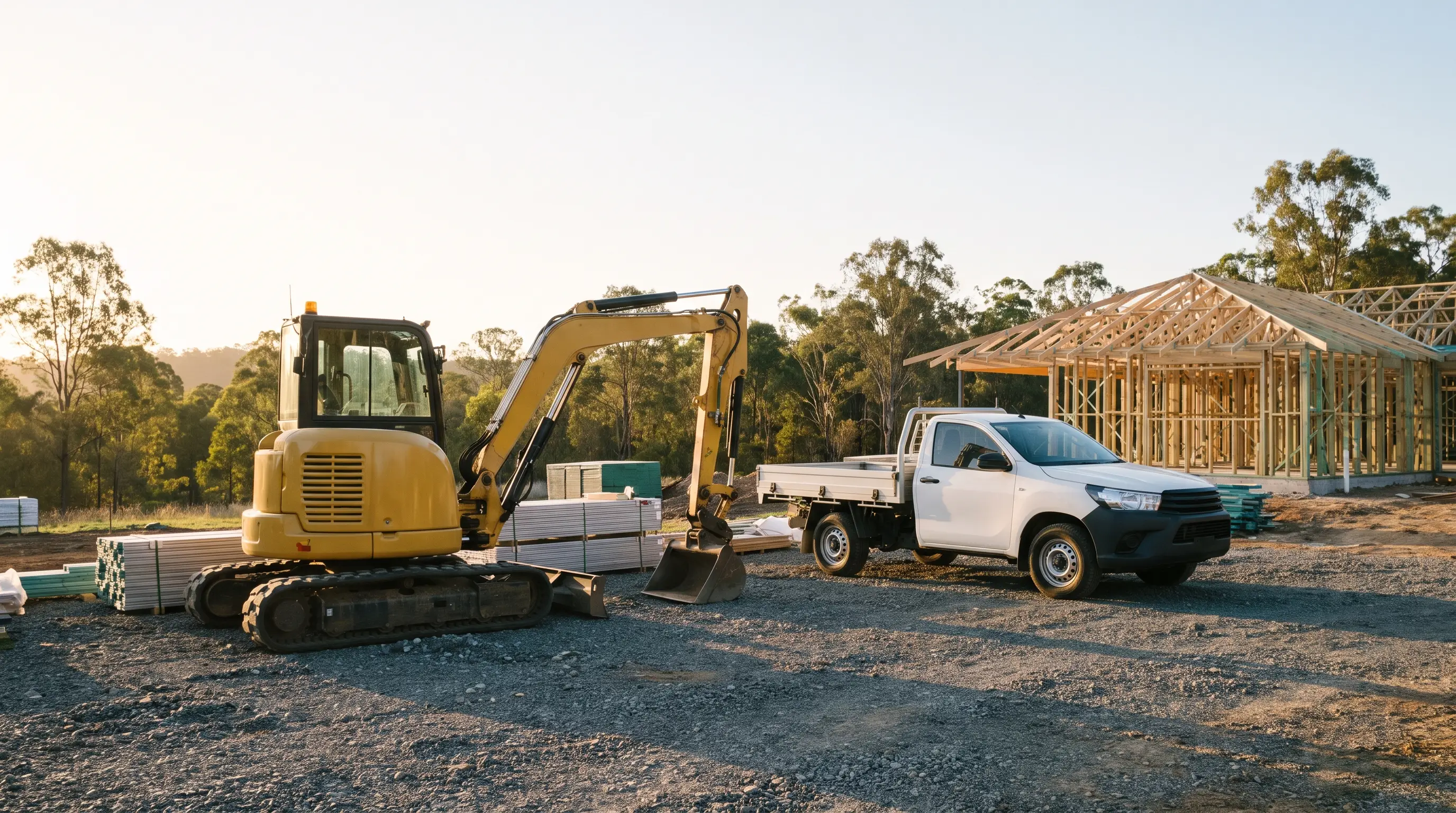 Yellow compact excavator beside a white work ute on a Queensland building site at sunrise