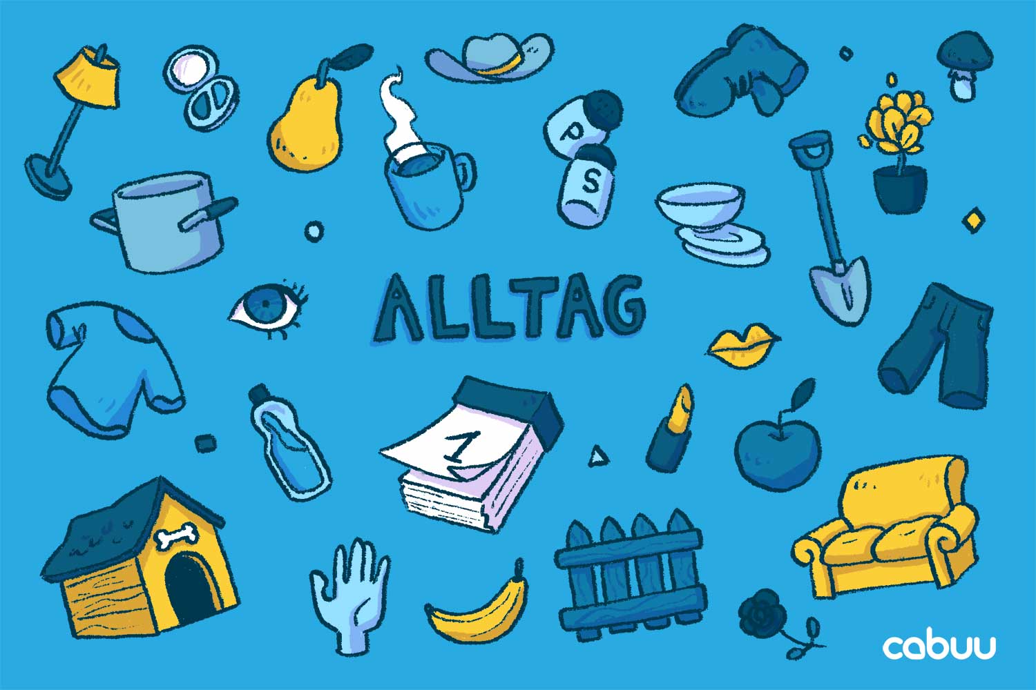 Illustration mit Alltagsgegenständen wie zB.: Topf, Kalender, Schuhe, Blumen, Obst..