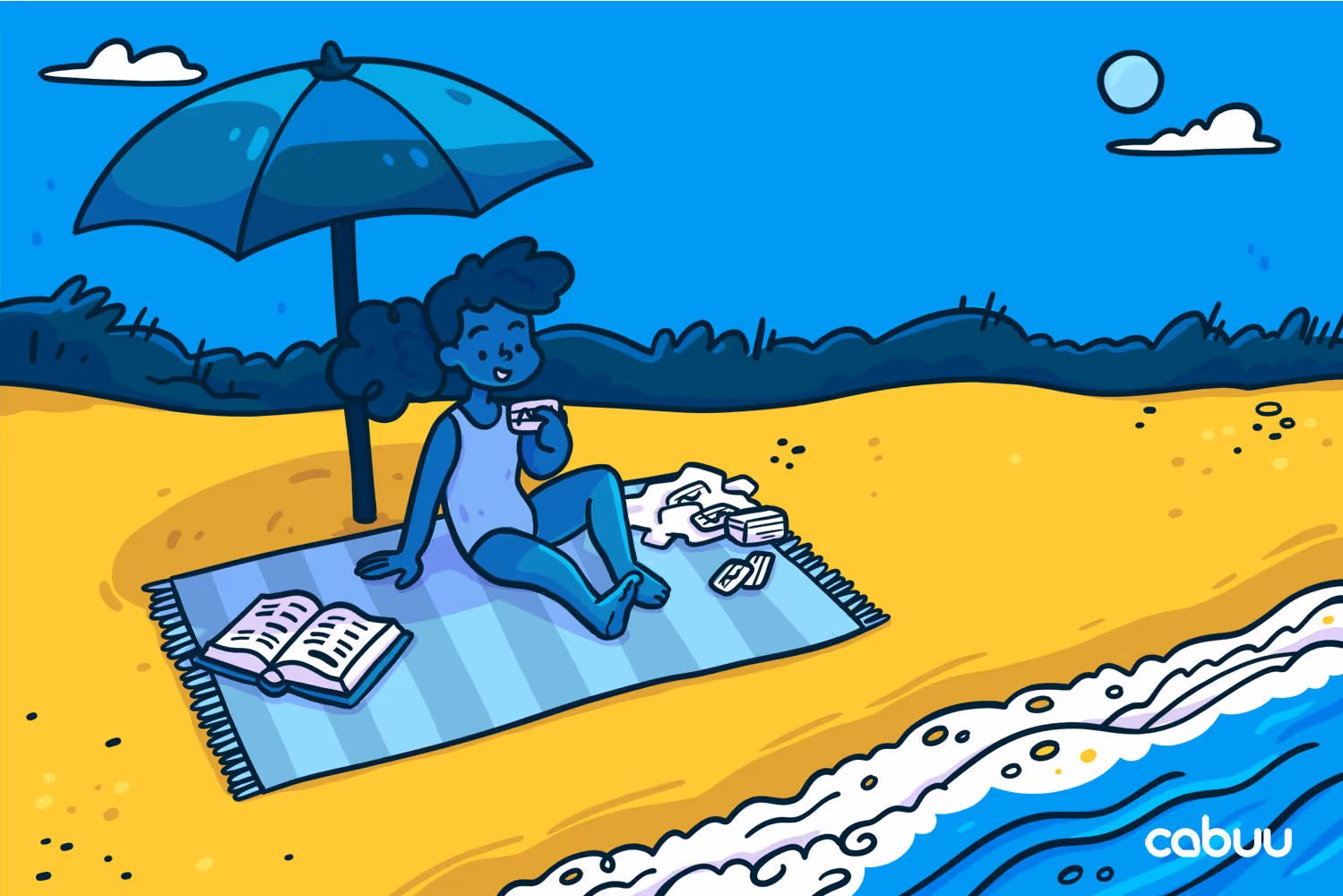 Mädchen lernt am Strand Vokabeln