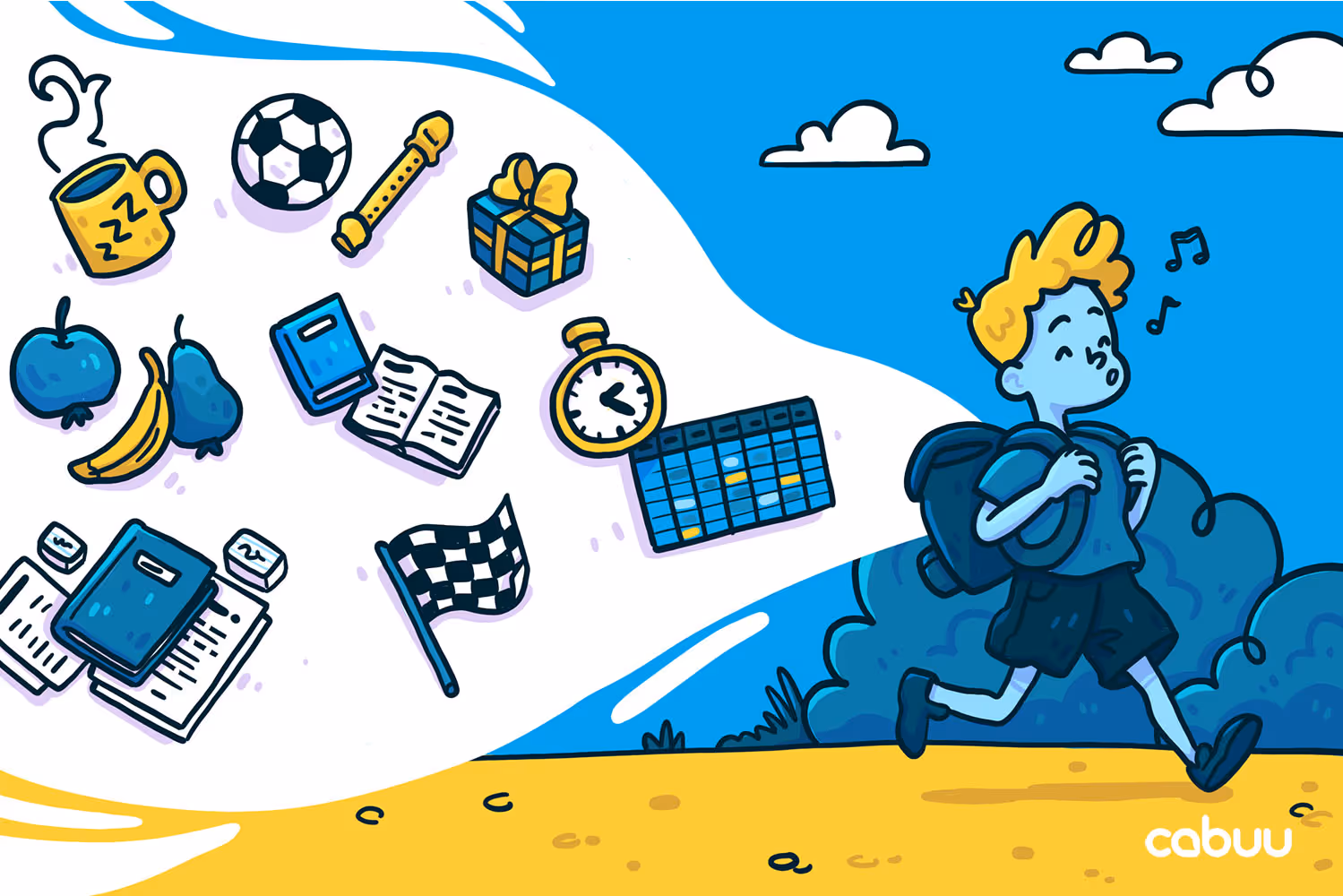 Kind läuft fröhlich mit gut gepacktem Schulranzen