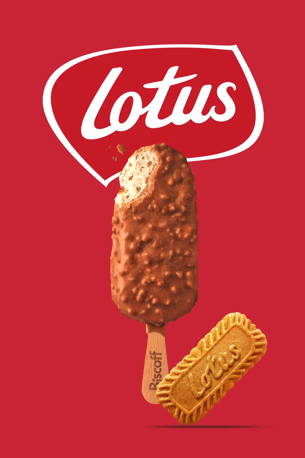 KitKat branded cocoa-flavored ice cream cone with chocolate cream and a piece of KitKat chocolate on top, against a red background.