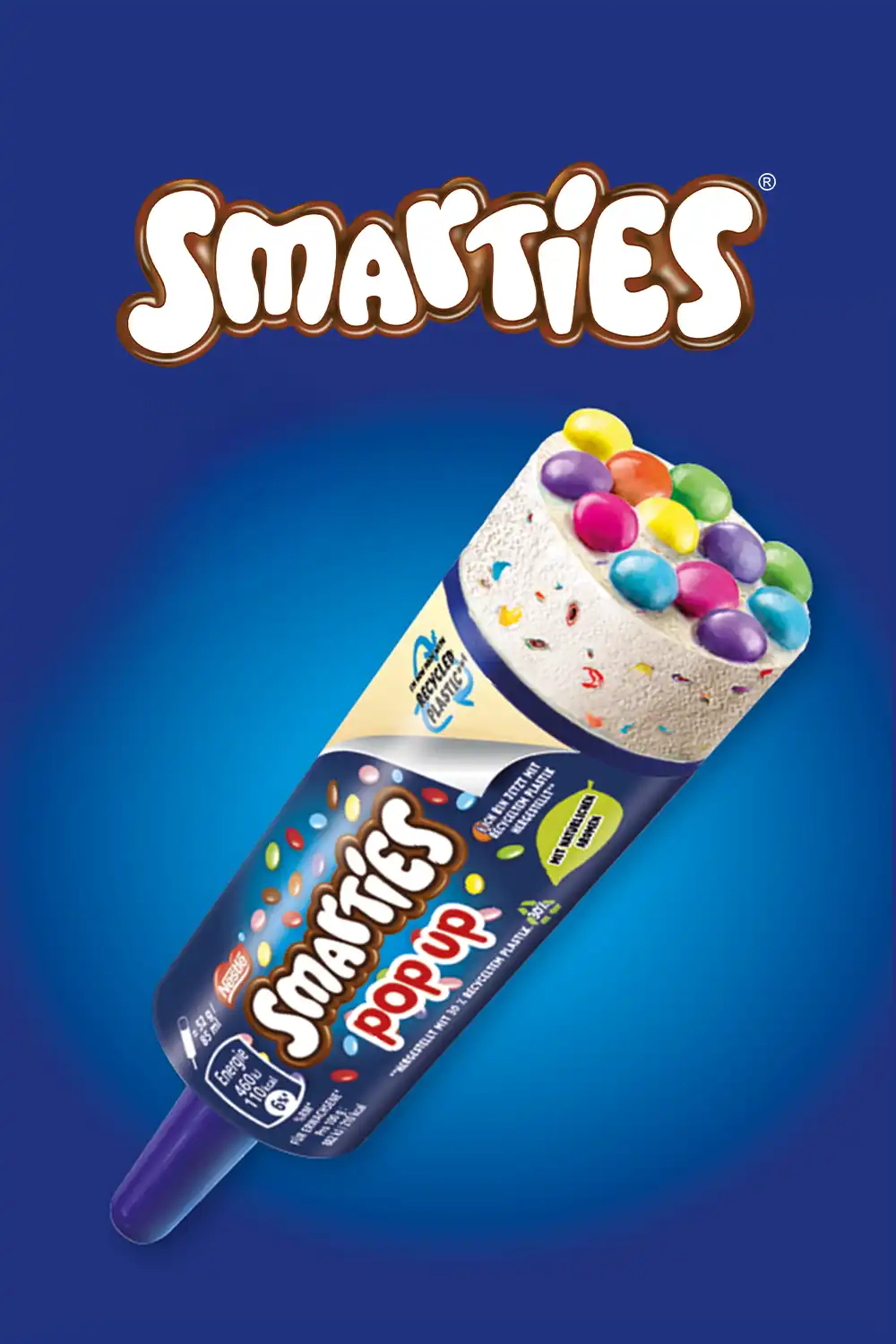 KitKat branded cocoa-flavored ice cream cone with chocolate cream and a piece of KitKat chocolate on top, against a red background.