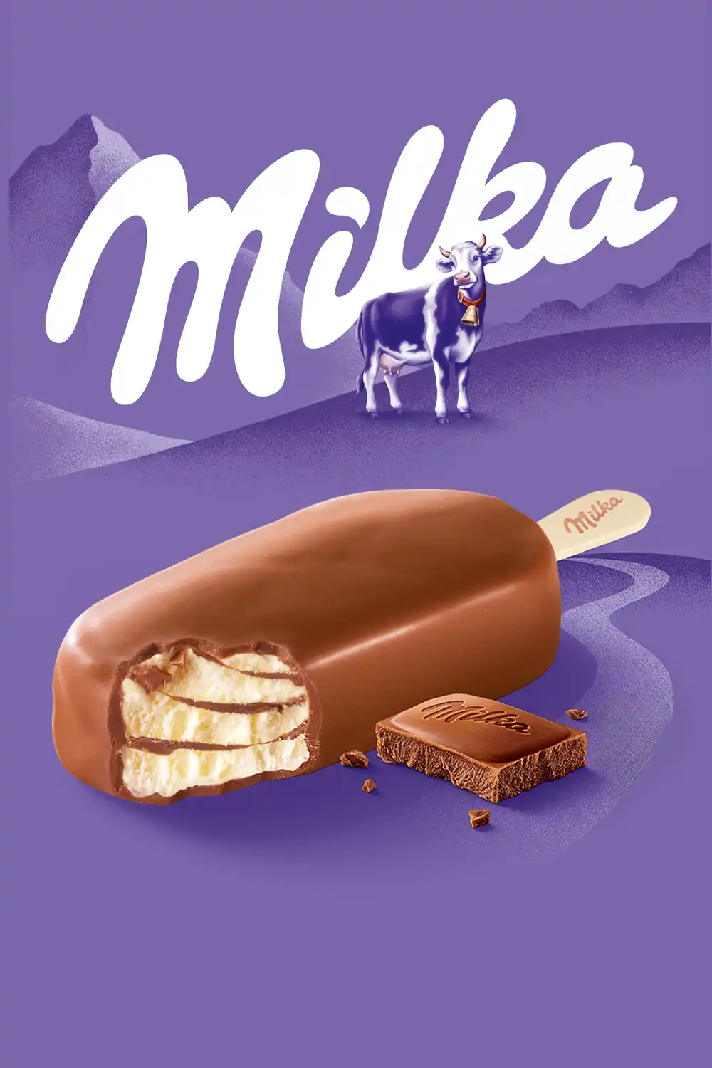 Ice cream bar coated in chocolate and nuts with caramel swirls, set against a rocky desert landscape with a person in a hat in the background, and the text 'Nuii Ice Cream Adventure' below.