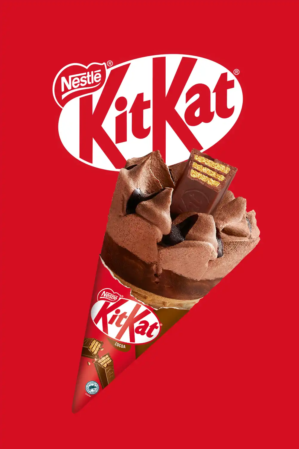 KitKat branded cocoa-flavored ice cream cone with chocolate cream and a piece of KitKat chocolate on top, against a red background.