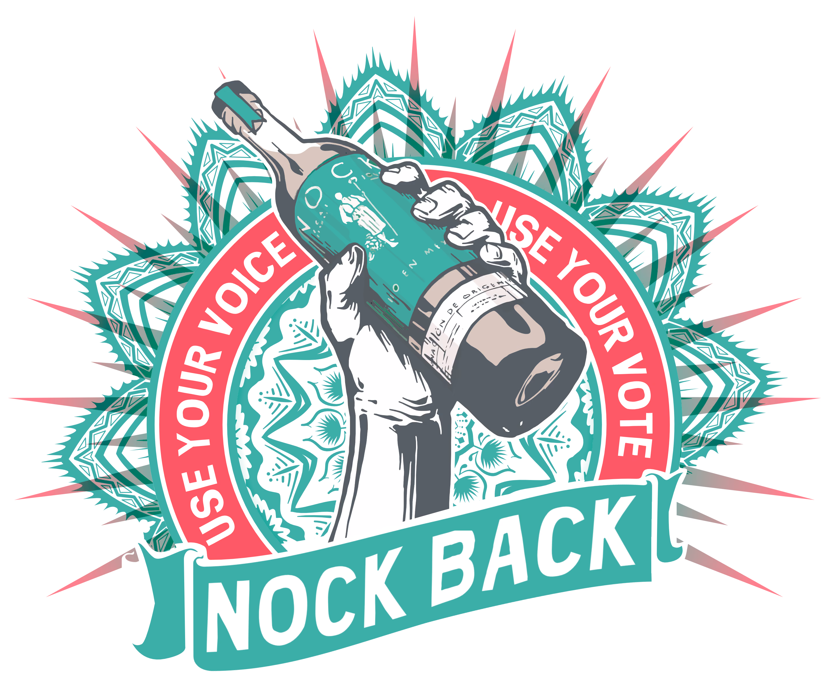 Illustration of a hand holding a bottle with text 'Use your voice, use your vote' and 'Knock Back' banner.