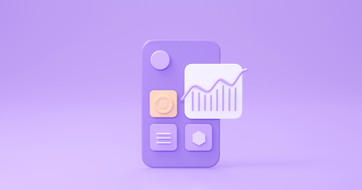 3D illustration of a lilac smartphone with app icons and a floating graph chart showing upward trend.
