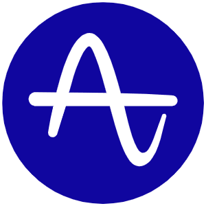 Black stylized amplitude wave symbol inside a solid blue circle.