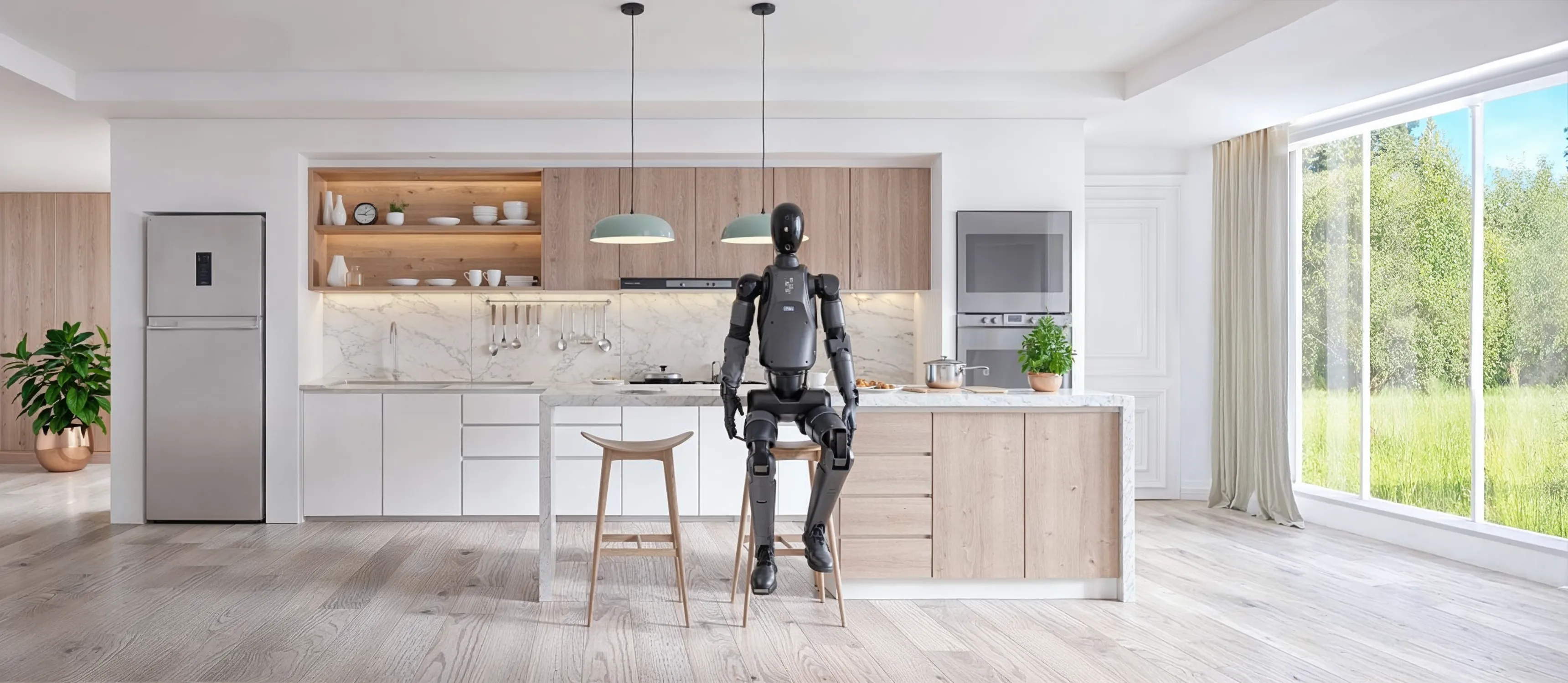 A kitchen with a robot sit on a chair