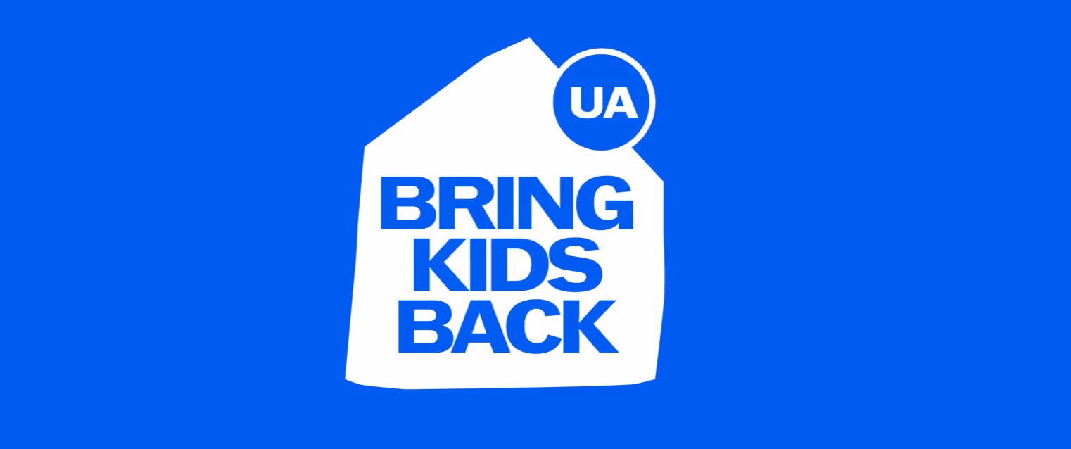 White house-shaped logo with blue text 'BRING KIDS BACK' and a blue circle containing 'UA' on a blue background.