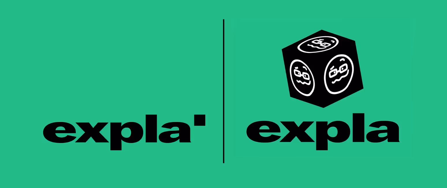 Black text 'expla' on green background split by a vertical line, with the right side featuring a black cube showing faces wearing glasses.