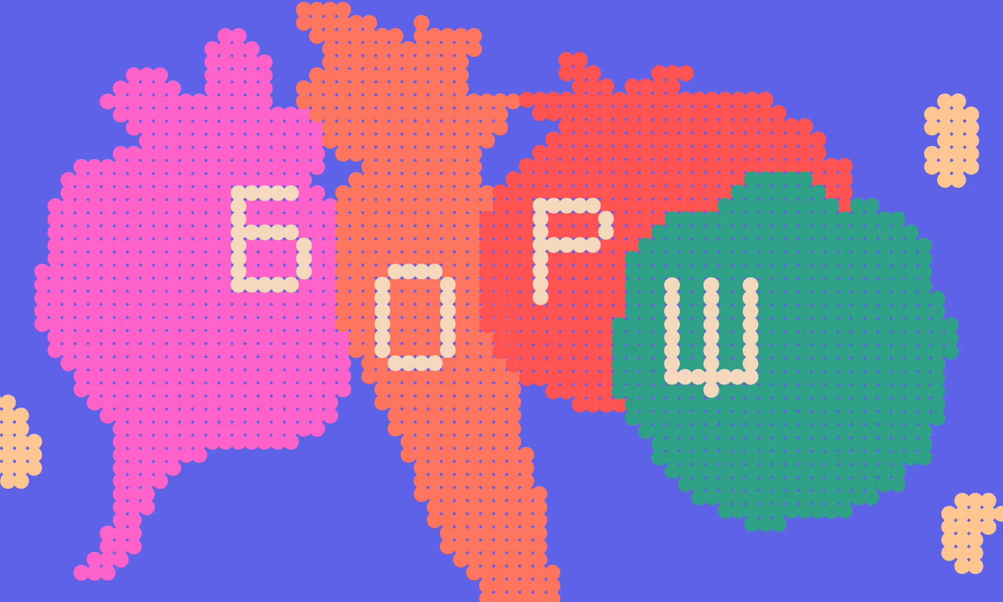Colorful abstract shapes made of dots on a blue background with Cyrillic letters Б, О, Р, Ш spelled out inside four main shapes in pink, orange, red, and green.