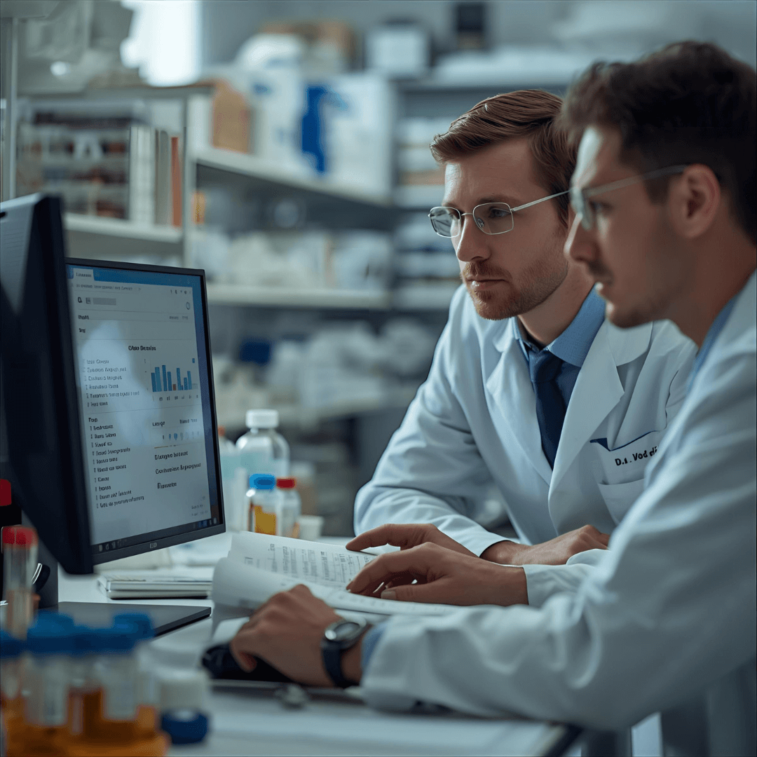 Scientists in a lab using digital systems for sample tracking and LIMS management