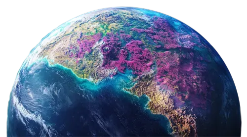 Illustration of CloudWalk planet, covered in pink trees, a vast light green ocean combined with giant mountains.