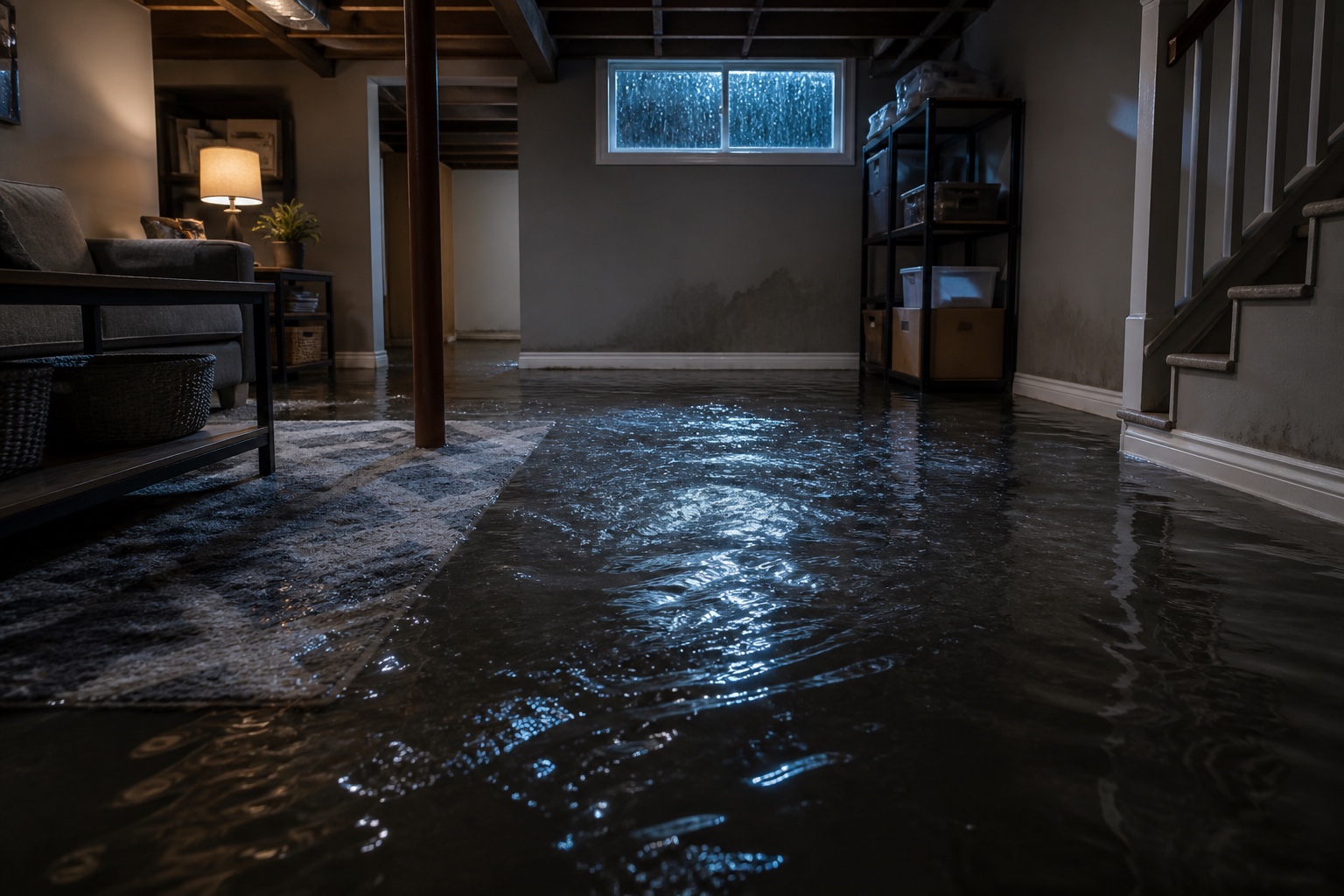 Floodwater spreading across the floor of a finished basement during a storm