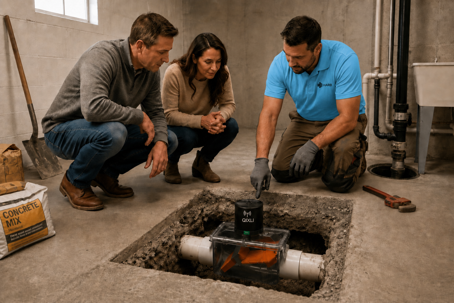 HARB technician reviewing flood-protection equipment with homeowners