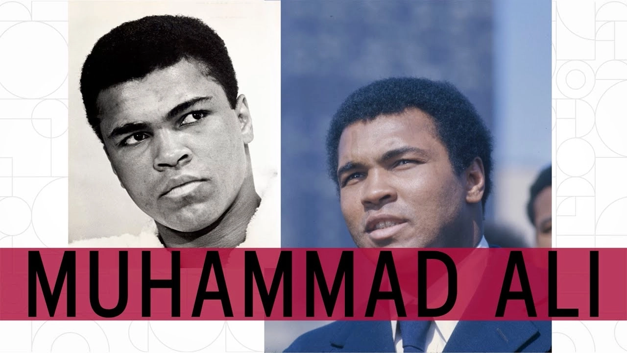 Video thumbnail pairing two portraits of Muhammad Ali above his name.