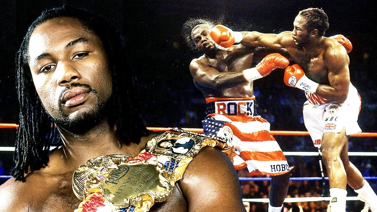 Video thumbnail combining Lennox Lewis wearing a championship belt with a photograph of him landing a punch on an opponent.
