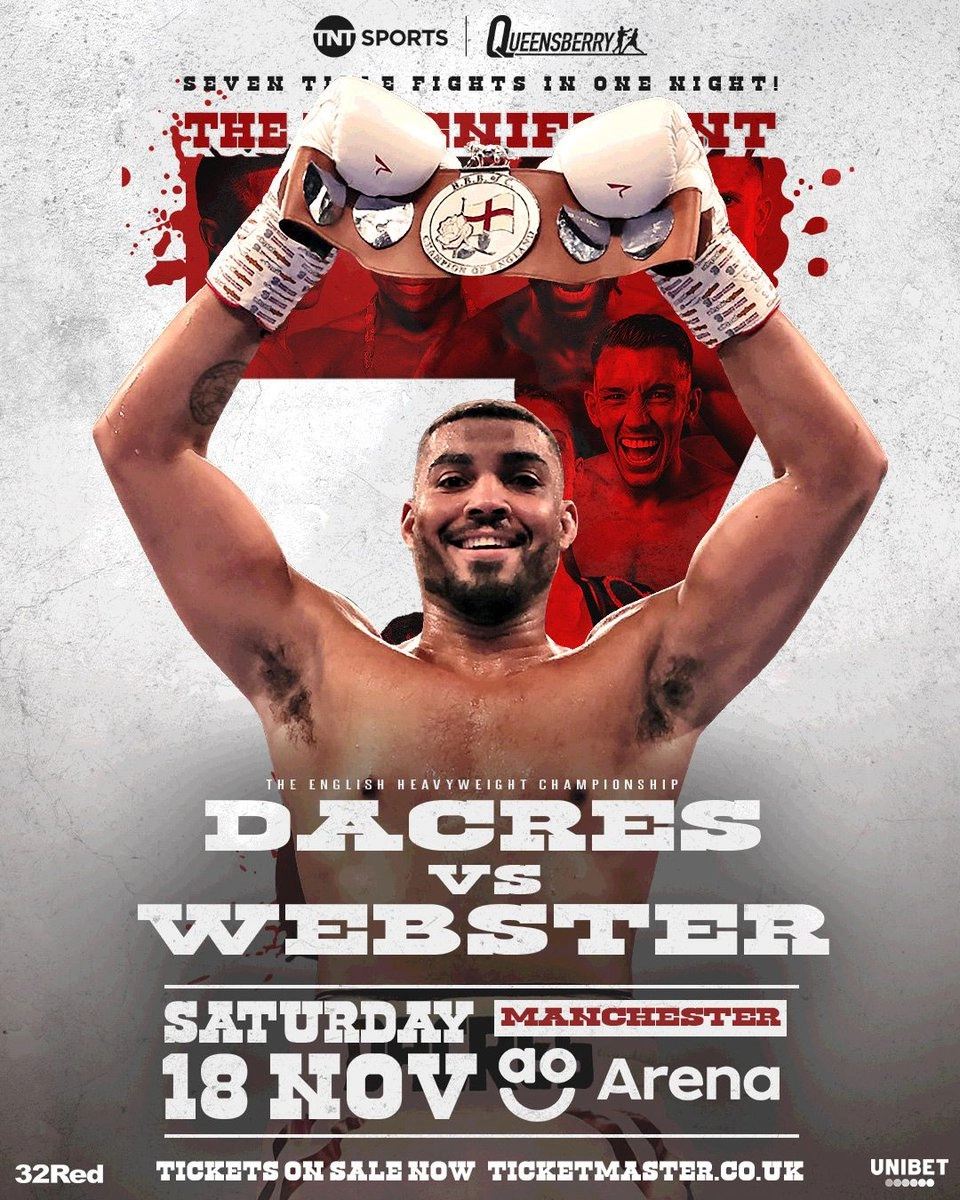 Solomon Dacres holding a belt overhead in a Dacres versus Webster English heavyweight championship poster with November 18, Manchester lettering.