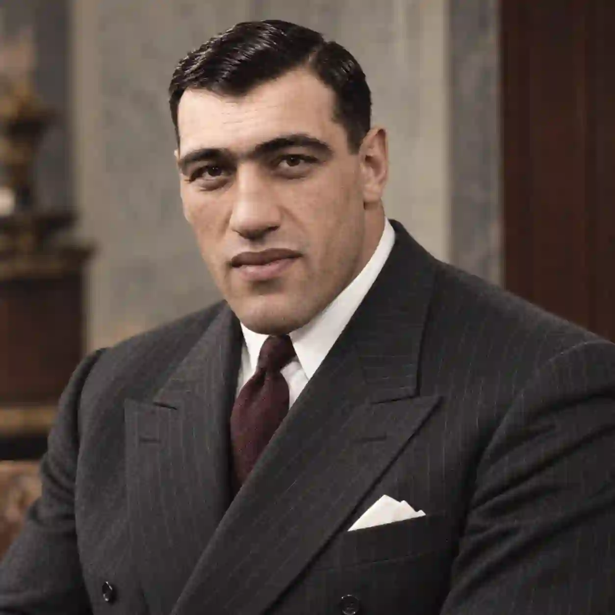 Primo Carnera wearing a dark suit, white shirt and tie
